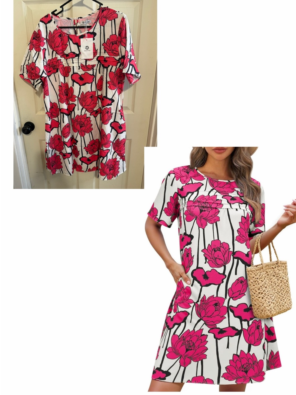 Women’s Floral Shift Dress in Fuchsia and White